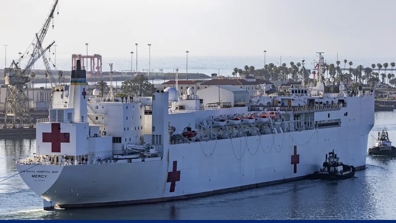 US Navy hospital ship Mercy docked at port
